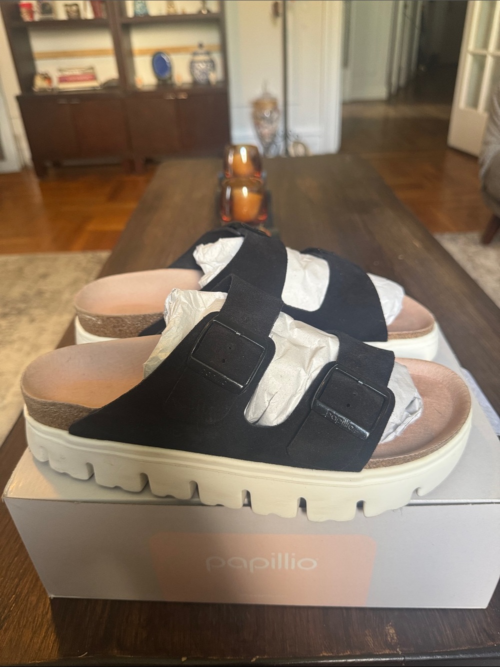 Papillio Black Suede Double Buckle Platform Slides
